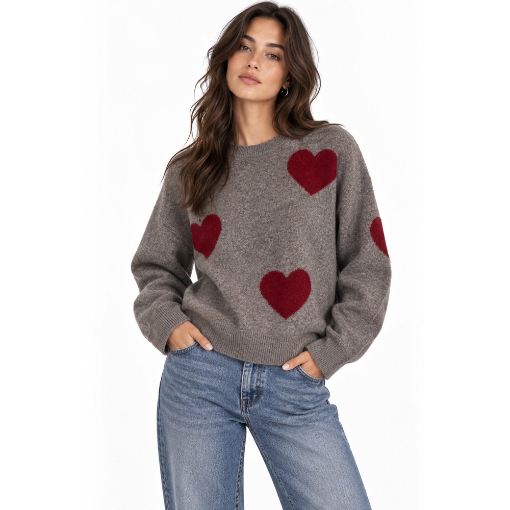 Natural Life Heart Intarsia Sweater sz Medium Brown Red Crew Organic Wool Blend